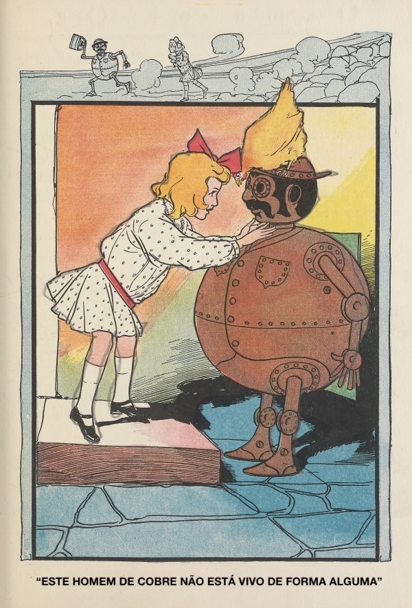 Dorothy Gale com o Tik-Tok revestido de cobre, o Homem Máquina, de Ozma de Oz, de L. Frank Baum, 1907 [Ilustração de John R. O’Neill]