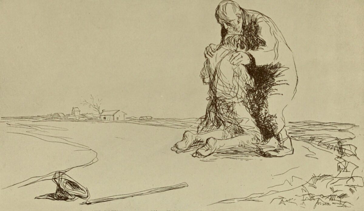 Jean-Louis Forain, 'O Retorno do Filho Pródigo’, 1925. Uma gravura de Modern Masters of Etching, de JL Forain, (The Studio, Londres, 1925).