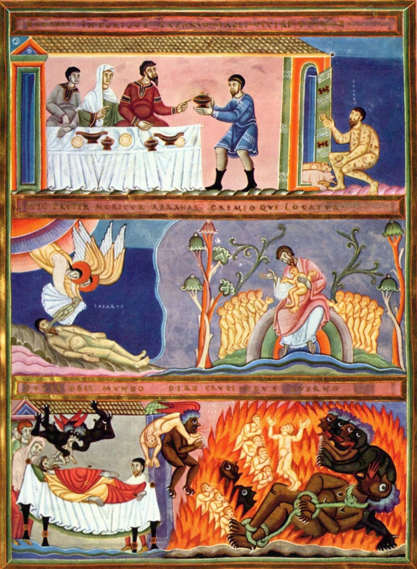 Lázaro e Dives, do Codex Aureus de Echternach, c. 1035-40 [Museu Nacional Alemão, Nuremberg]. “Dives” significa “rico” em latim. 